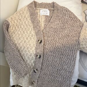 ZARA Two-Tone Knit Cardigan — Cream & Taupe